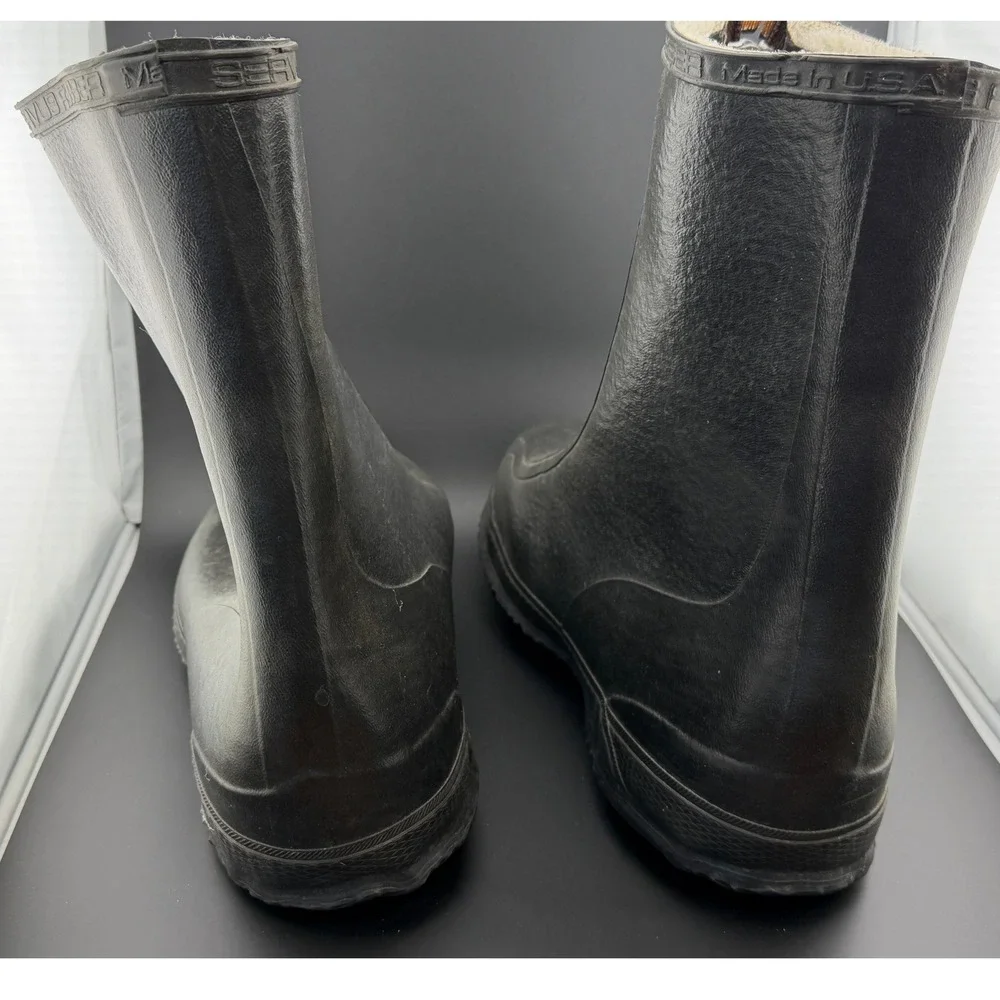 Servus Rubber: Black Zip Front Rain Boots, Fleece Lined Made in USA, Mens 9